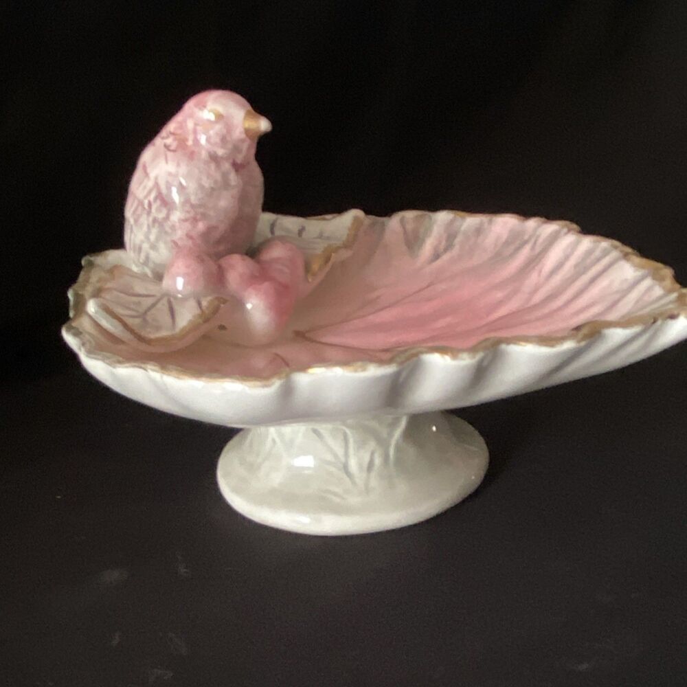 Ucagco MCM Ceramic Pink White Gold Leaf Bird Compote Pedestal Bowl